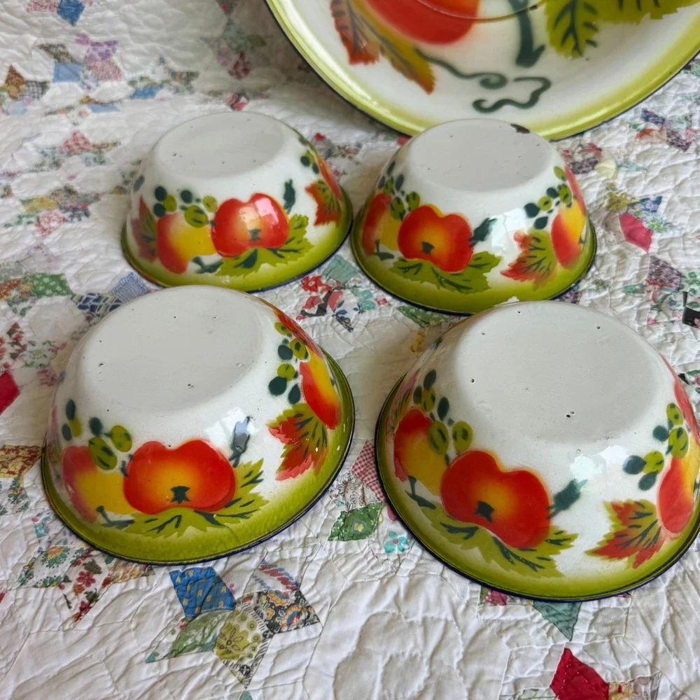 Vintage Enamelware Fruit Bowl Set 5pc Hand Painted Apple Grapes Basin & 4 Bowls
